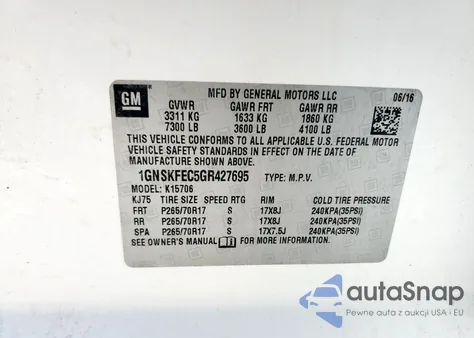 2016 Chevrolet Tahoe Special z USA, uszkodzony, nr VIN 1GNSKFEC5GR427695